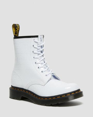 Women's Dr Martens 1460 Patent Croc Emboss Leather Ankle Boots White | AU 19ZUT